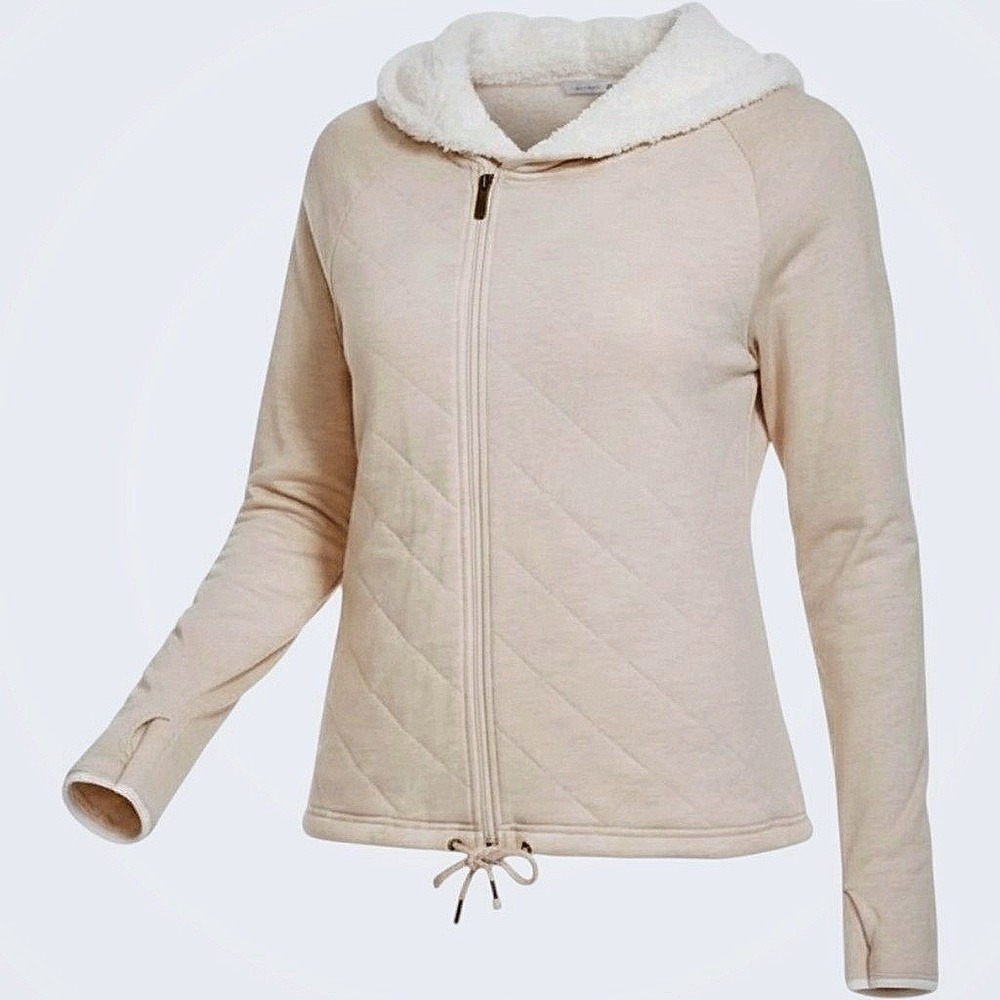 UGG Women's Quilted Asymmetrical Kay Zip Hoodie Jacket Sherpa Tan Size Large